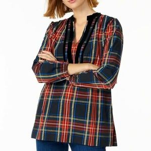 J. Crew Stewart Tartan Plaid Velvet Trim VNeck Side Slit Tunic Blouse Size Small